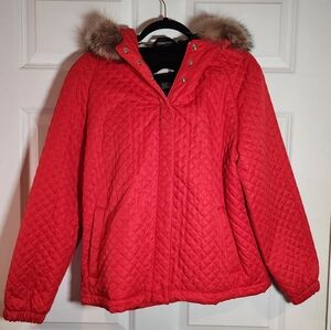 Burberry London Red Quilted Wool Plaid Lined Raccoon Fur Trim Hood Coat L